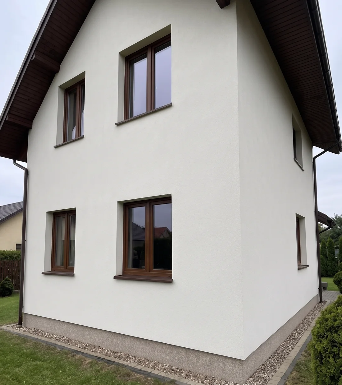 Narożnik domu z białą elewacją, po myciu