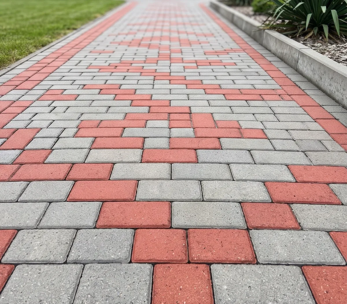 Podjazd z czerwono-szarej kostki brukowej, po myciu