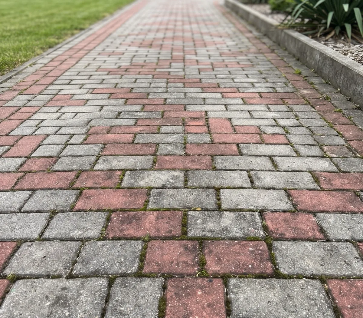 Podjazd z czerwono-szarej kostki brukowej, przed myciem
